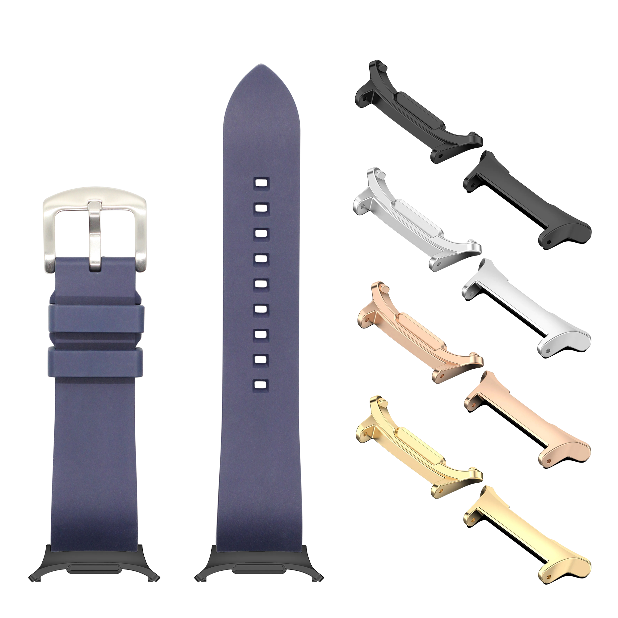 Navy blue FKM rubber smartwatch band with silver buckle and interchangeable metal lugs in black, rose gold, and gold finishes