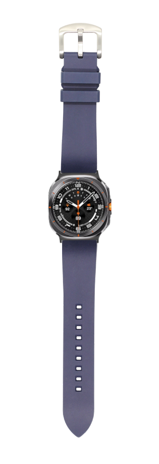 Navy blue FKM rubber watch band with silver buckle for Galaxy Watch 8 Ultra, featuring textured strap and secure fastening