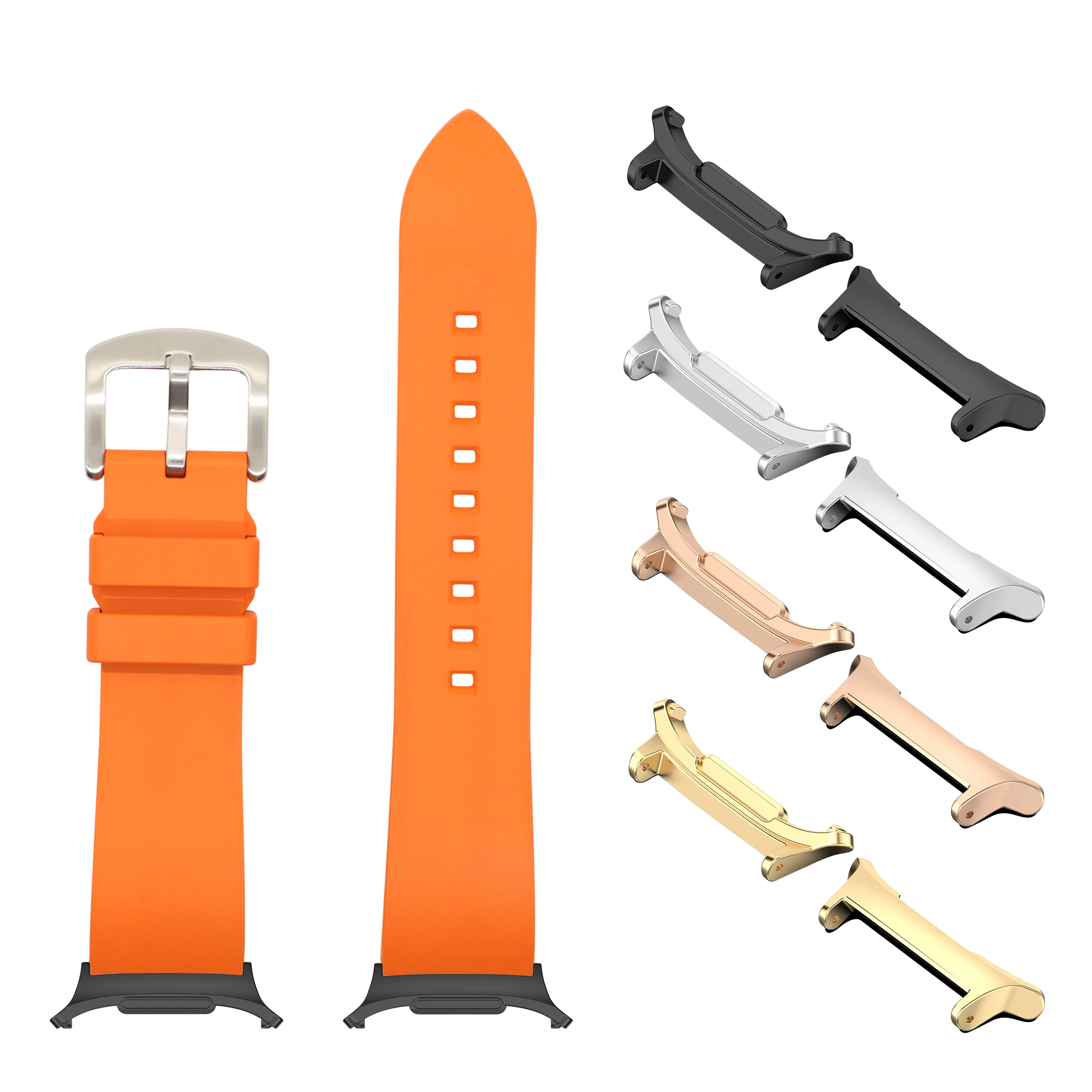 Orange FKM rubber watch band with quick-release spring bars and interchangeable metal lugs in multiple finishes
