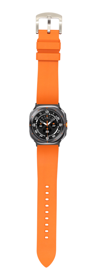 Orange FKM rubber watch band with silver buckle and black sports watch face with orange accents