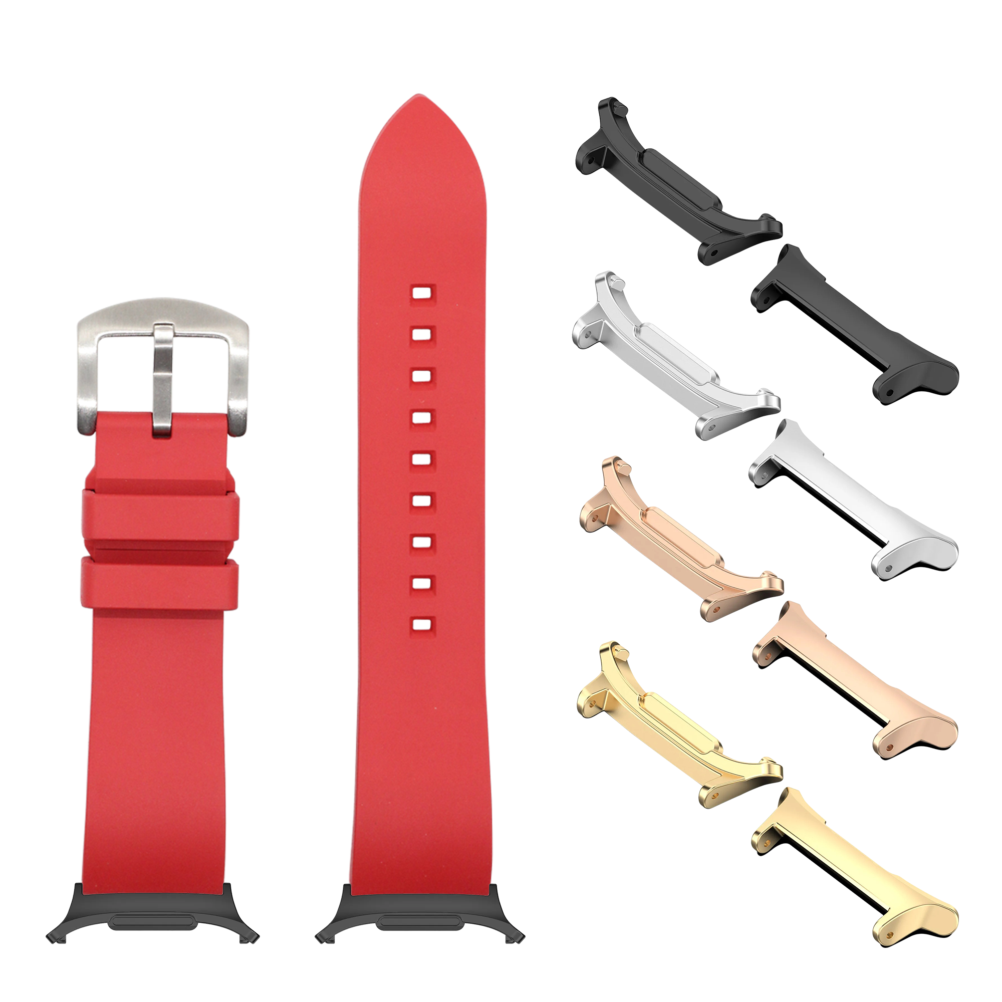 Red FKM rubber smartwatch band with silver buckle and interchangeable metal lugs in multiple finishes including black, silver, rose gold, and gold