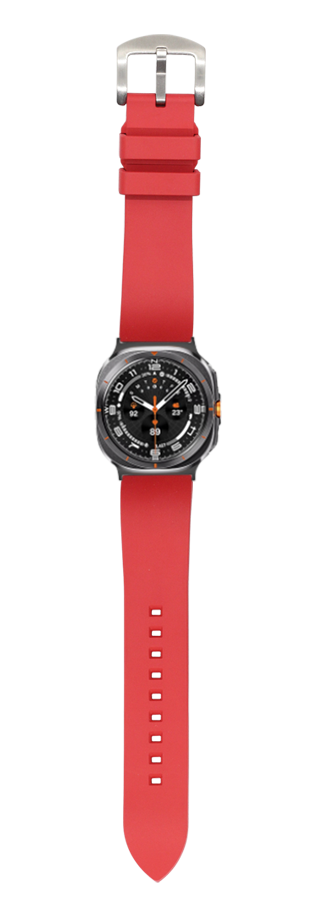 Red FKM rubber watch band with silver buckle and black sport watch face featuring orange accents