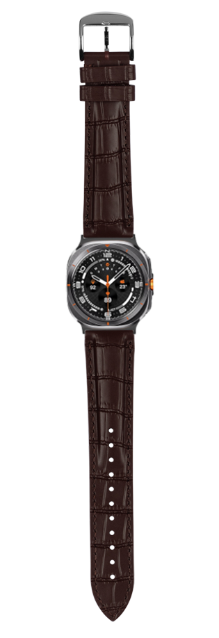 Dark brown crocodile-textured leather watch band with gunmetal case and black dial featuring orange accents