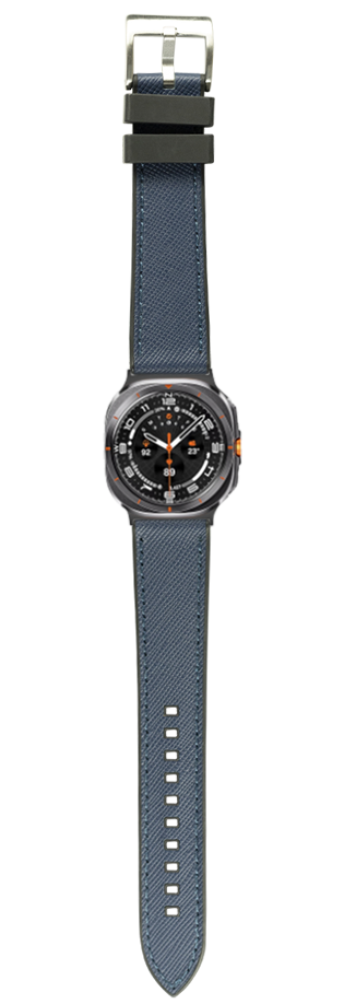 Galaxy Watch 8 Ultra smartwatch with blue saffiano leather and black rubber hybrid strap, metallic case and black dial