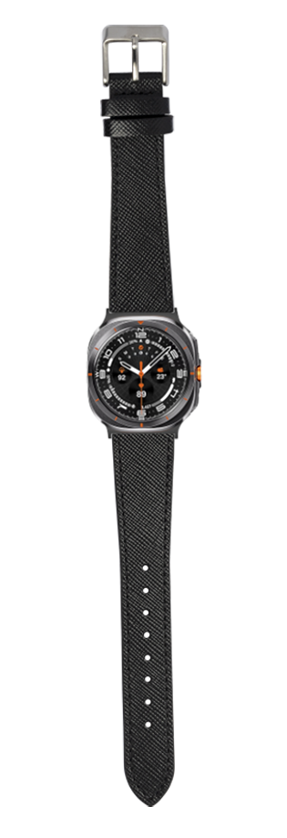 Black saffiano leather watch band with metal buckle and black sport watch featuring orange accents