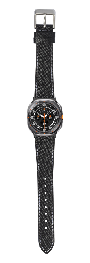 Black saffiano leather smartwatch band with white stitching and silver buckle, full length display view