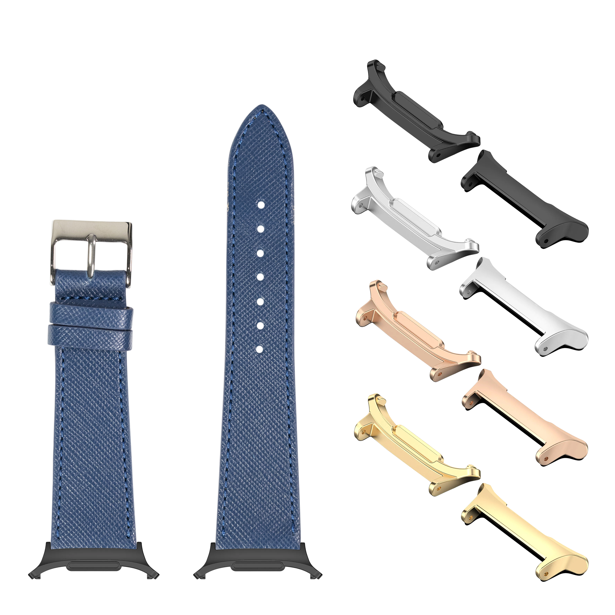 Blue saffiano leather watch band with interchangeable metal lugs in gold, rose gold, silver, and black finishes for Galaxy Watch 8 and Ultra