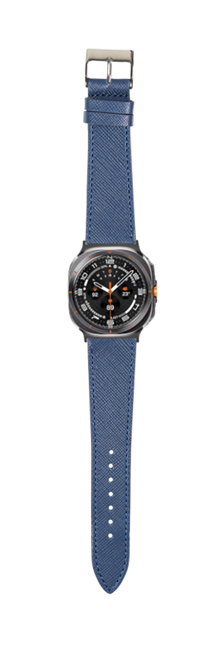 Blue saffiano leather watch band with gunmetal buckle, displayed full length with watch head featuring black dial and orange accents