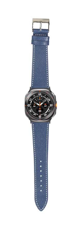 Blue saffiano leather watch band with white stitching and stainless steel buckle for Galaxy Watch 8 Ultra
