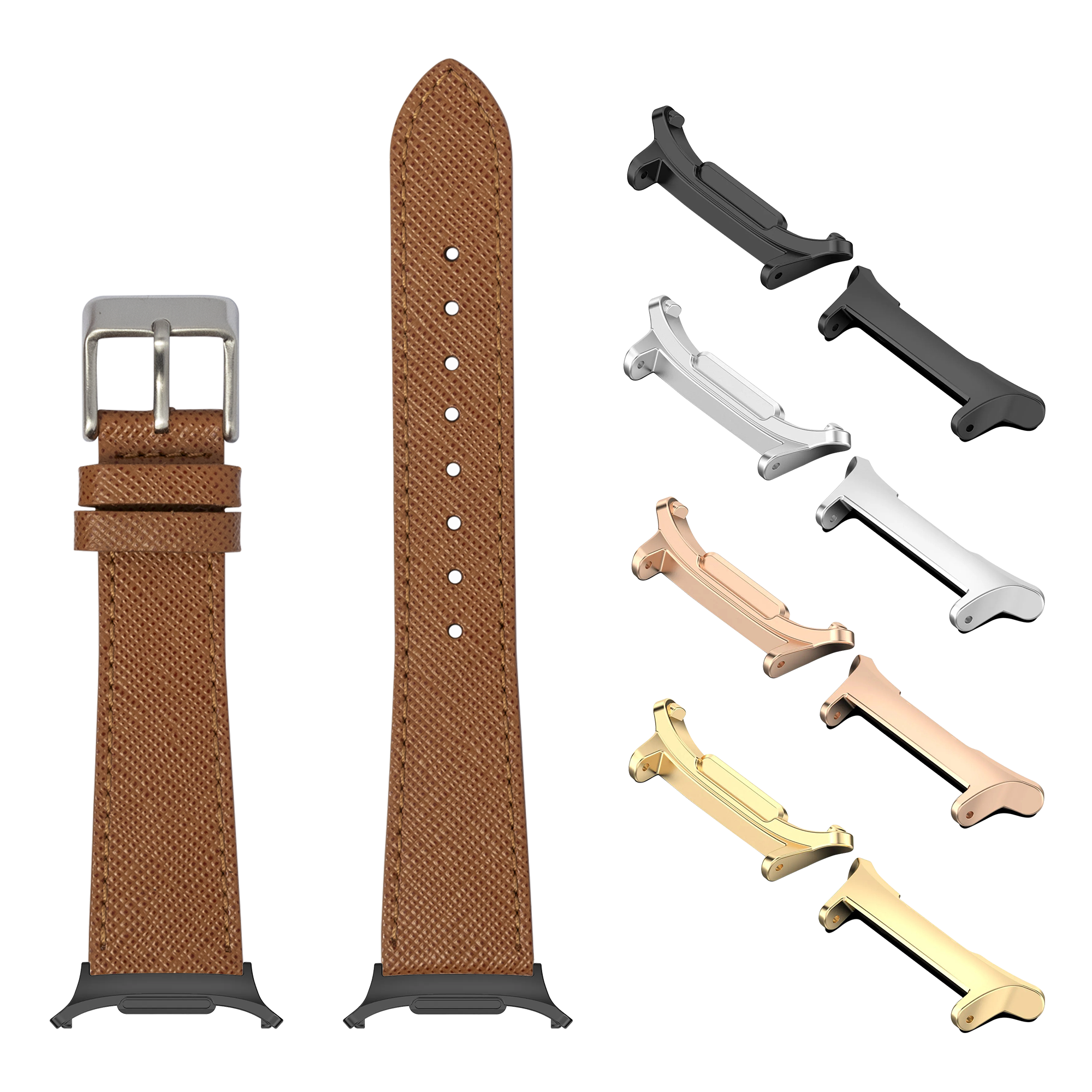 Brown saffiano leather watch band with interchangeable metal lugs in silver, gold, rose gold and black finishes for Galaxy Watch 8 Ultra