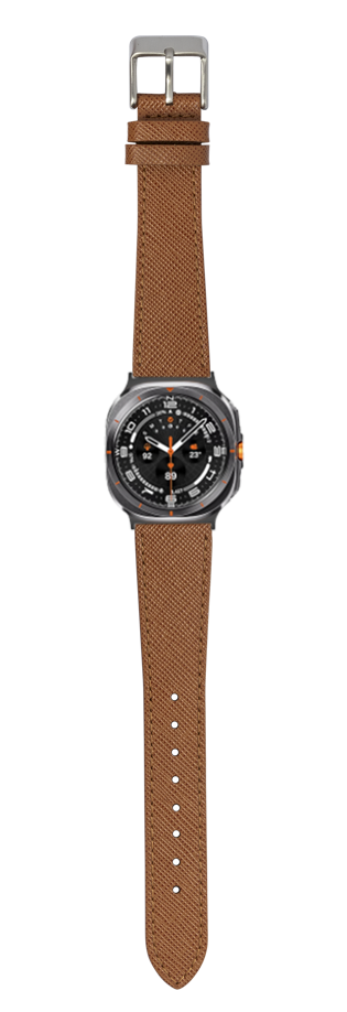 Brown saffiano leather watch band with silver buckle and black dial sports watch