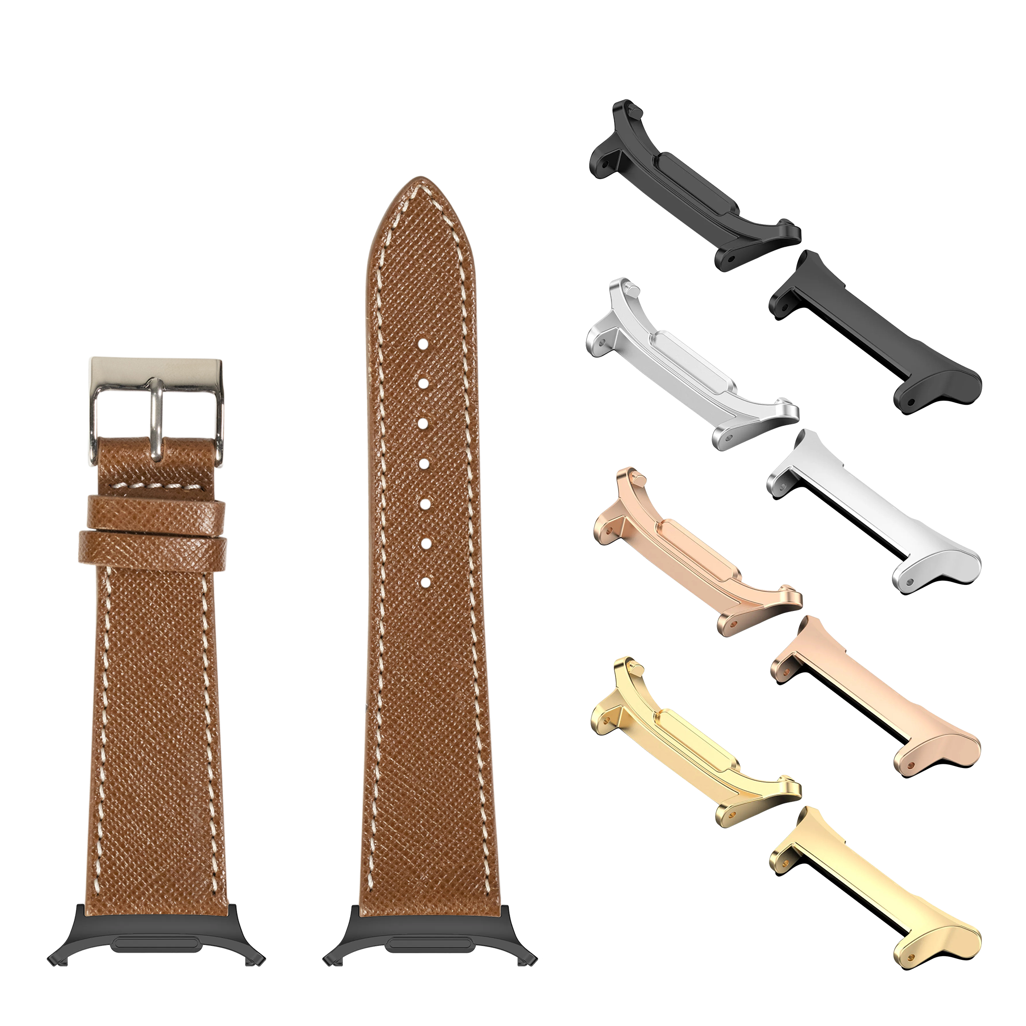 Brown leather saffiano watch band with white stitching and multiple metal connector lugs in various finishes for Galaxy Watch 8 Ultra