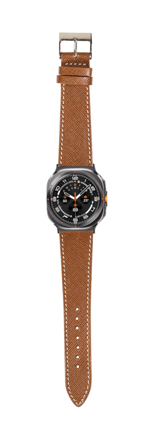 Men's smartwatch with brown saffiano leather strap and white stitching, black dial with orange accents, stainless steel case