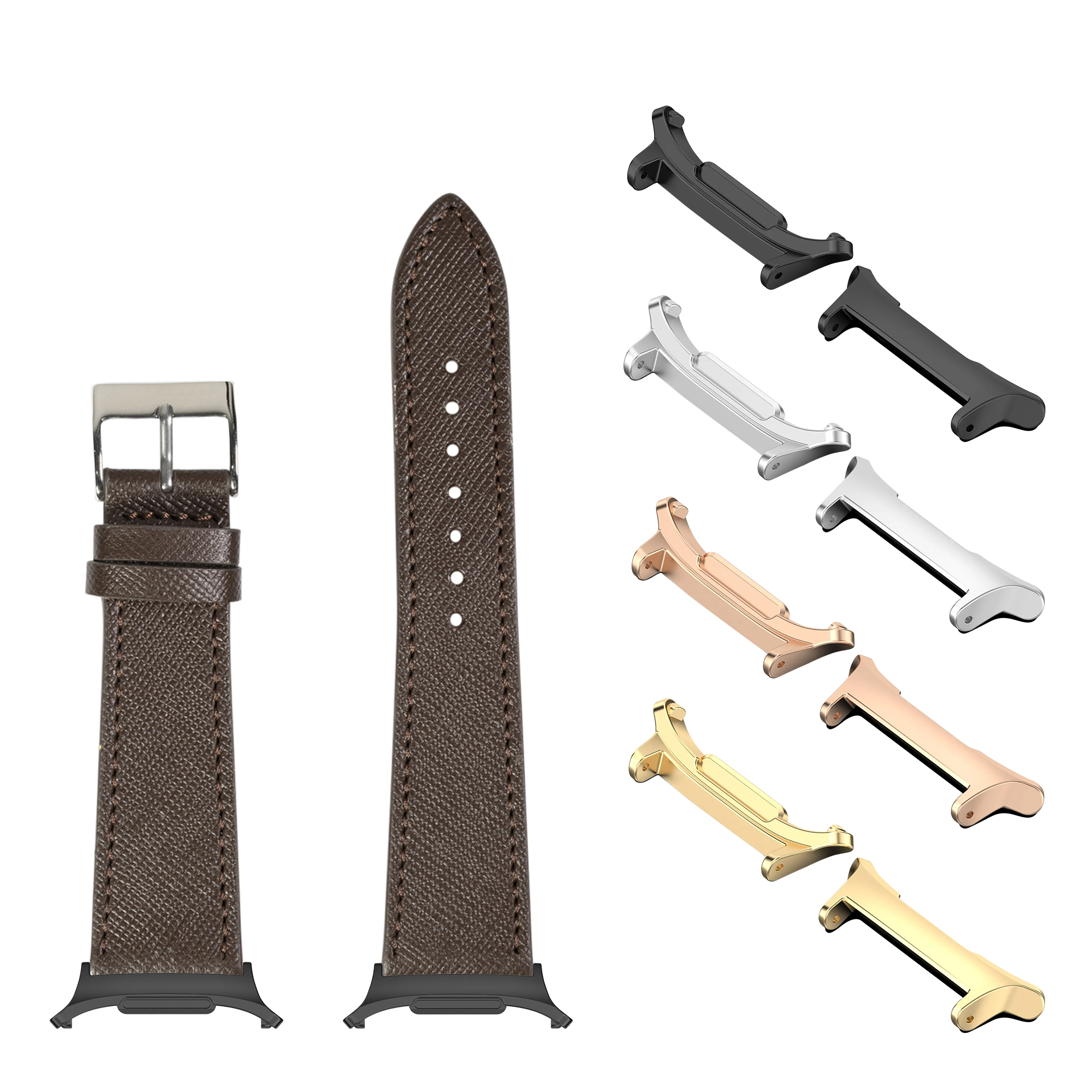 Dark brown saffiano leather watch band with multiple metal lugs in silver, rose gold, and gold finishes for Galaxy Watch 8 and Ultra