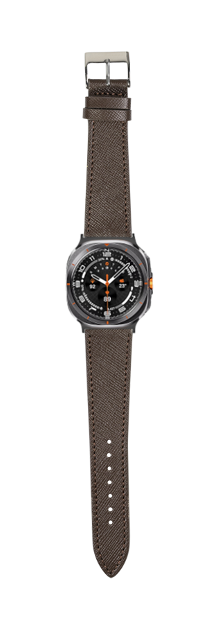 Dark brown saffiano leather watch strap with metal buckle and stainless steel sports watch case featuring black dial