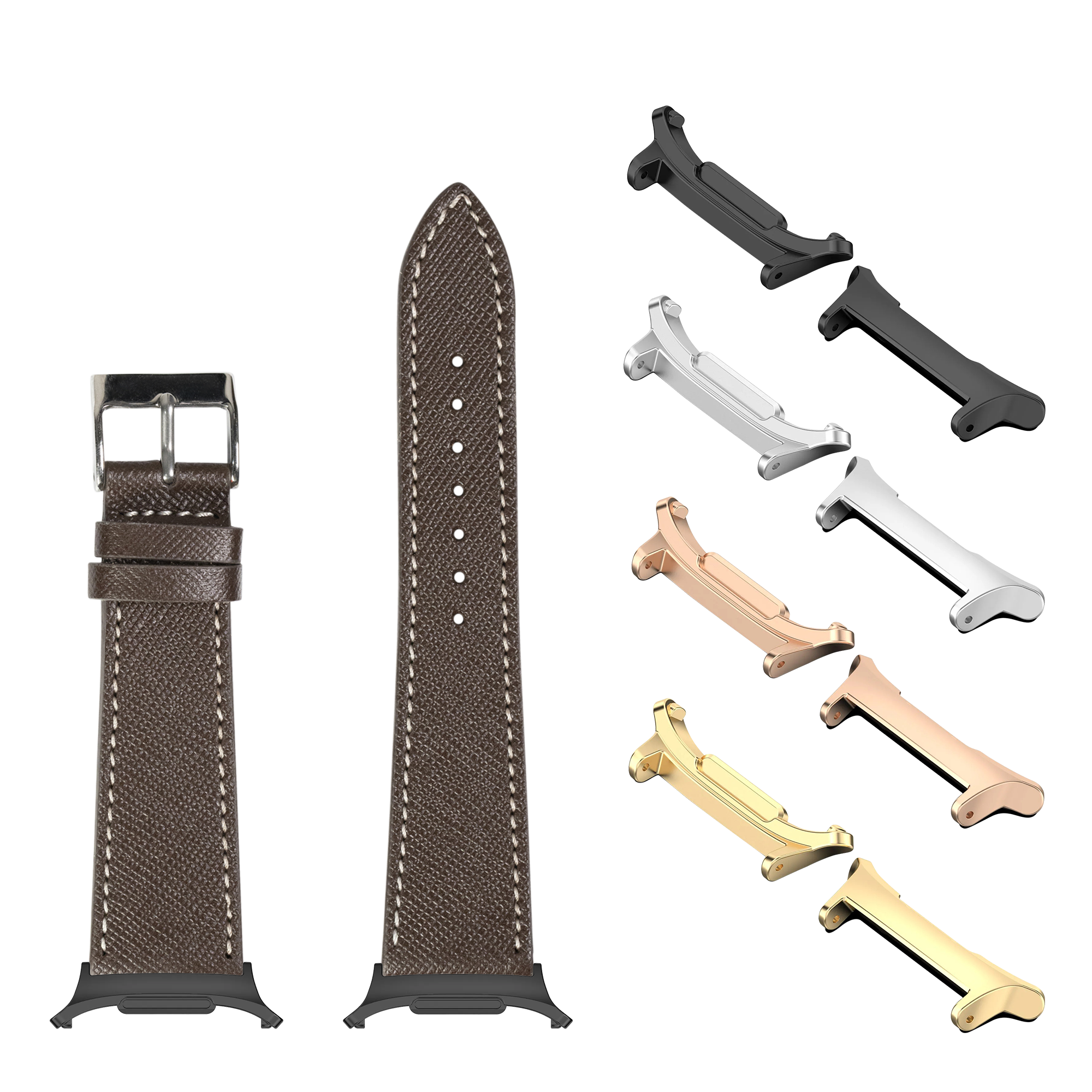 Saffiano leather watch band dark brown with white stitching, interchangeable metal lugs in black, silver, rose gold and gold finishes