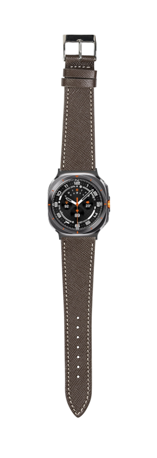 Men's smartwatch with dark brown saffiano leather strap, black dial, orange accents, and white stitching detail