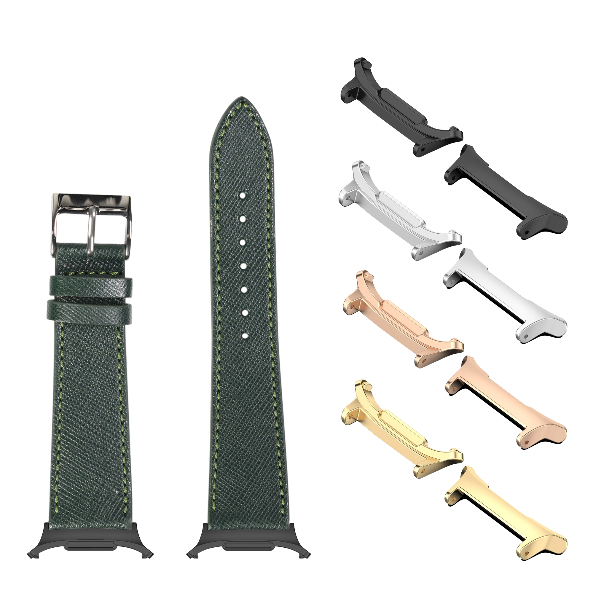 Forest green saffiano leather watch band with interchangeable metal lugs in black, silver, rose gold, and gold finishes for Galaxy Watch 8 Ultra