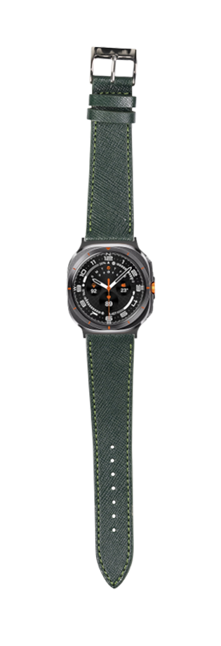 Tactical sports watch with black dial, orange accents, and forest green Saffiano leather strap