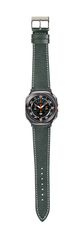 Forest green Saffiano leather watch band with white stitching and silver buckle, displayed on analog watch with black dial and orange accents