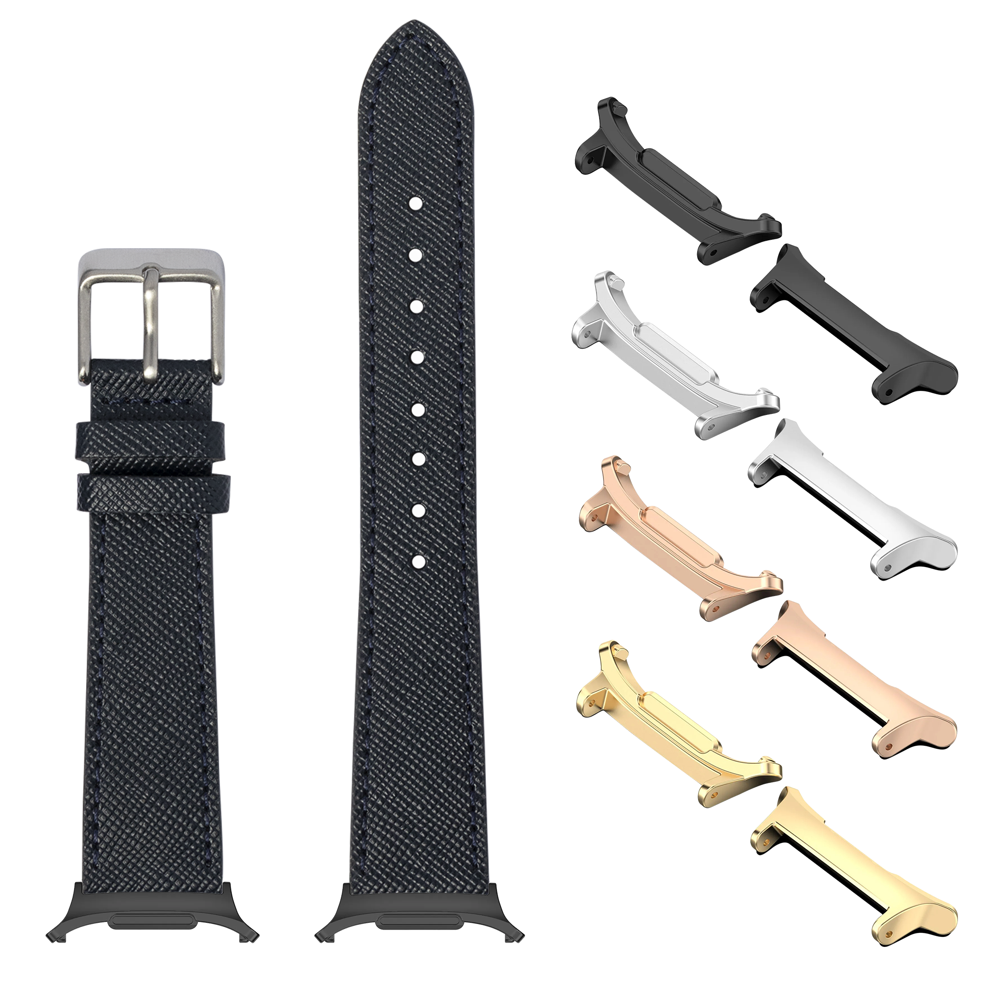 Navy blue saffiano leather watch band with metal buckle and multiple metal connector lugs in silver, rose gold, and gold finishes for Galaxy Watch compatibility