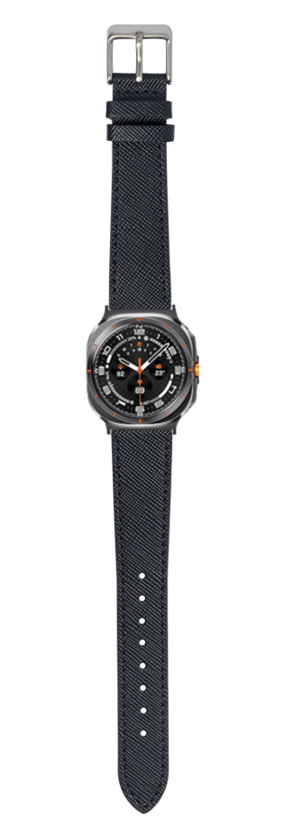 Black saffiano leather watch strap with stainless steel buckle and sport watch featuring black dial with orange accents