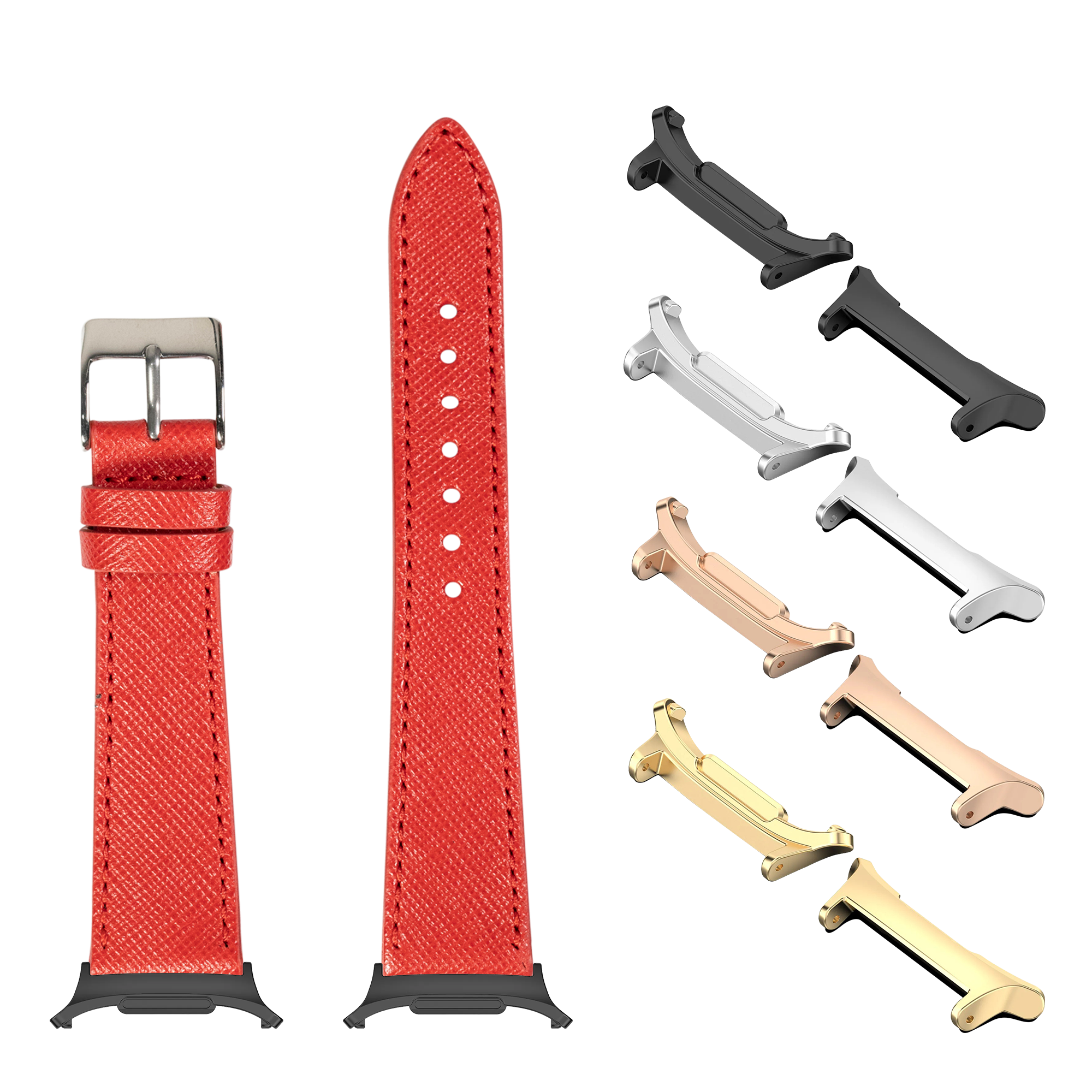 Red saffiano leather smartwatch band with multiple metal connector lugs in gold, silver, black and rose gold finishes