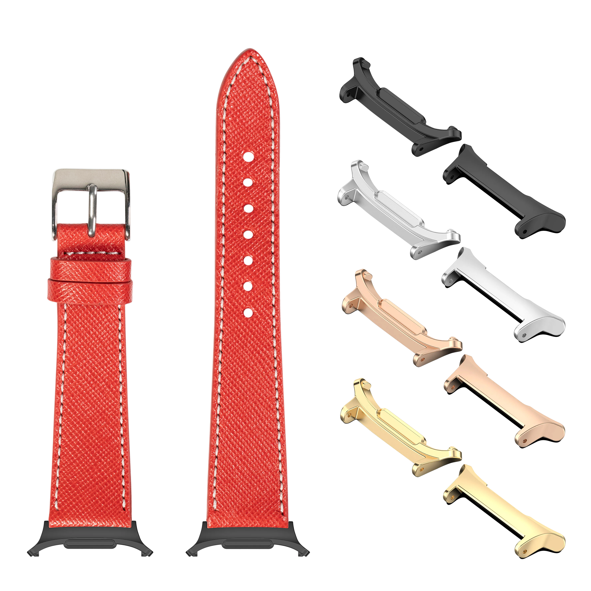 Red saffiano leather smartwatch band with white stitching, interchangeable metal lugs in silver, black, rose gold and gold finishes