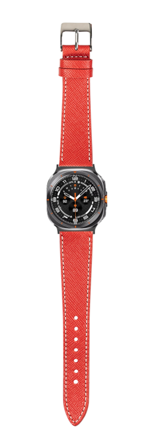 Red saffiano leather smartwatch band with white stitching and gunmetal buckle for Galaxy Watch 8 Ultra