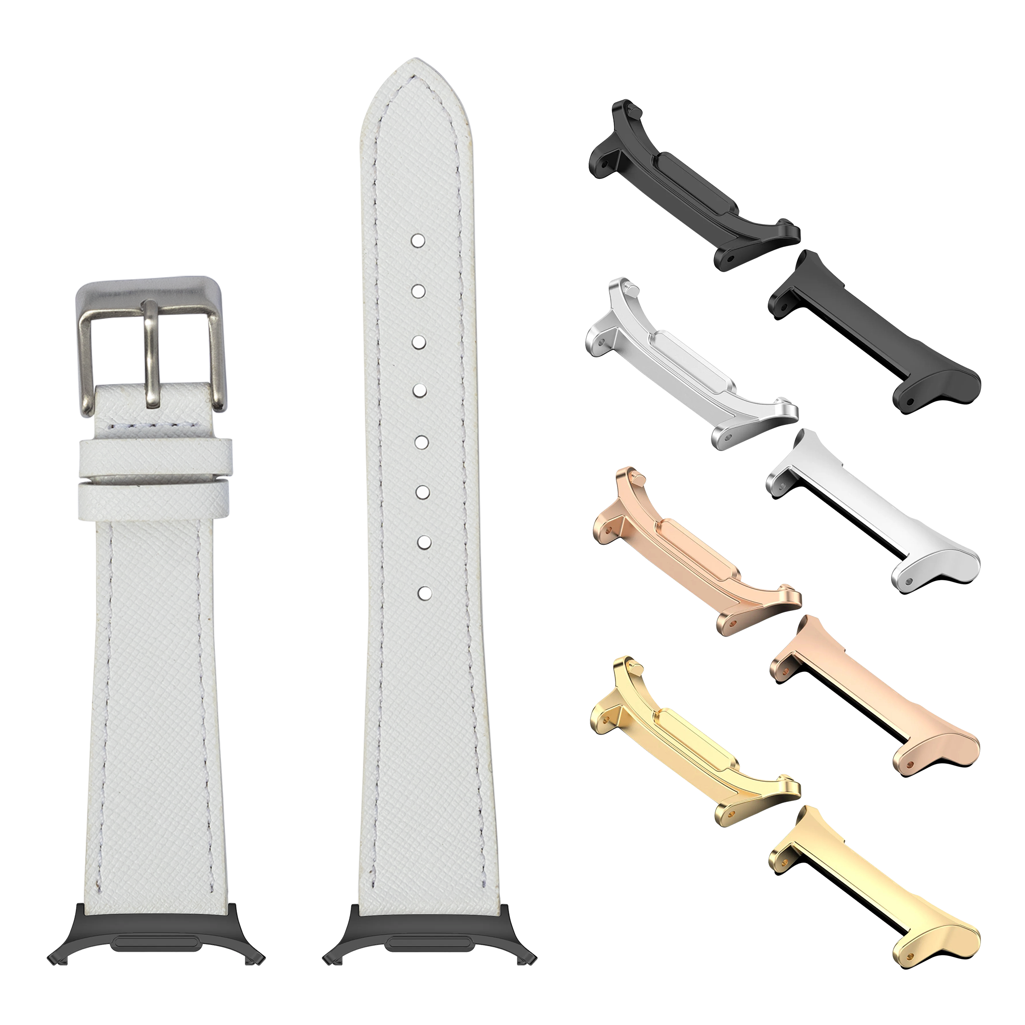 White saffiano leather watch band with metal buckle and interchangeable lugs in black, silver, rose gold and gold finishes