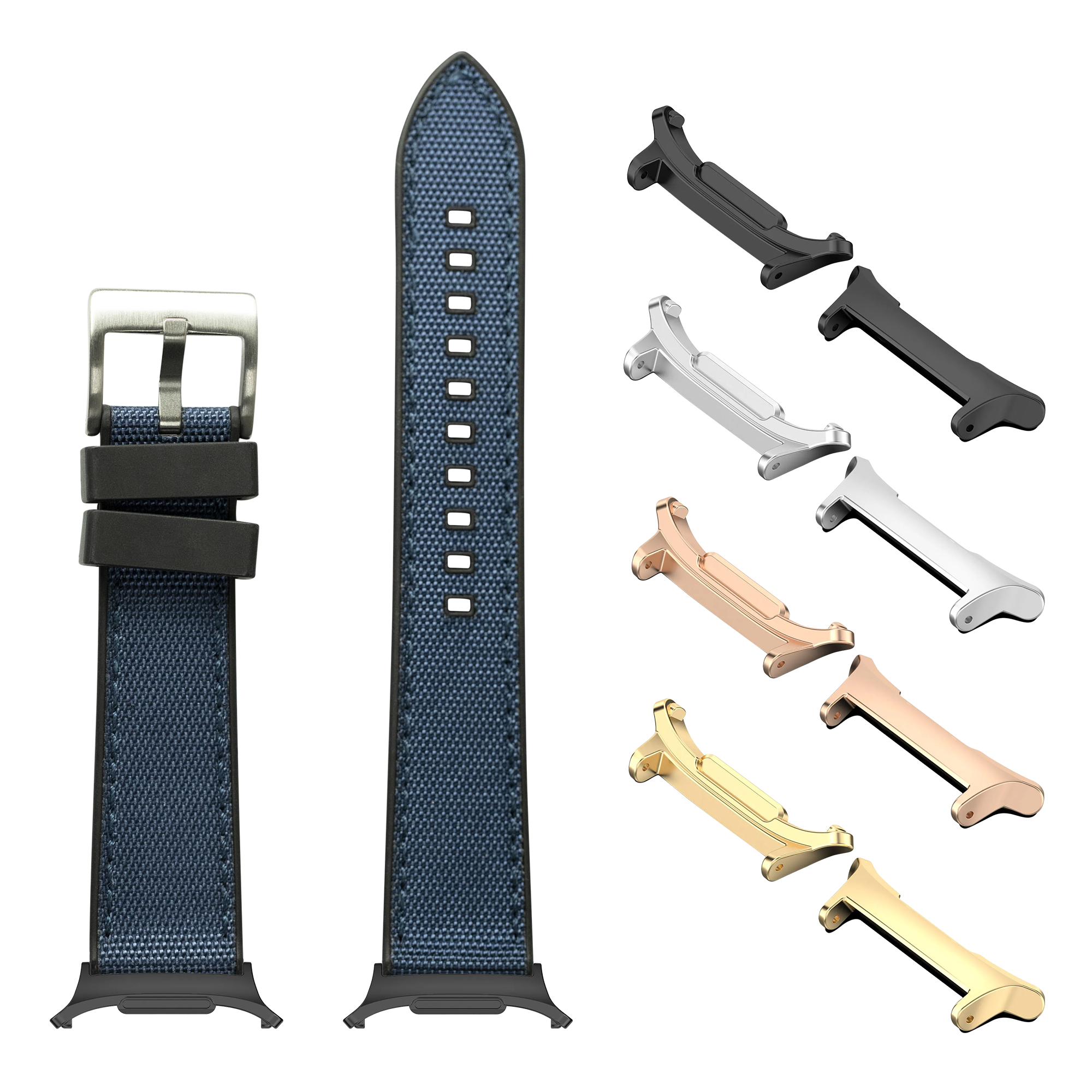 Sailcloth and rubber hybrid watch bands with metal buckles in multiple colors including blue, black, rose gold, and gold finishes