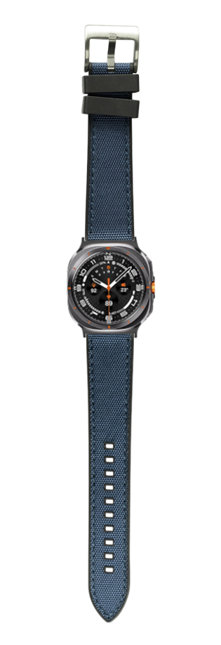 Men's smartwatch with blue sailcloth and black rubber hybrid band, black dial with orange accents and silver buckle