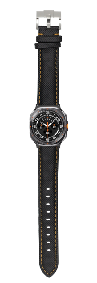 Black sailcloth watch band with gold stitching and stainless steel buckle for Galaxy Watch Ultra