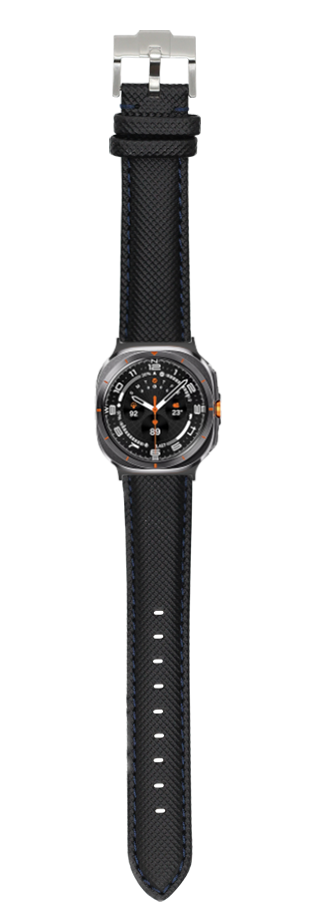 Black sailcloth watch band with orange accents for Galaxy Watch smartwatch, stainless steel buckle