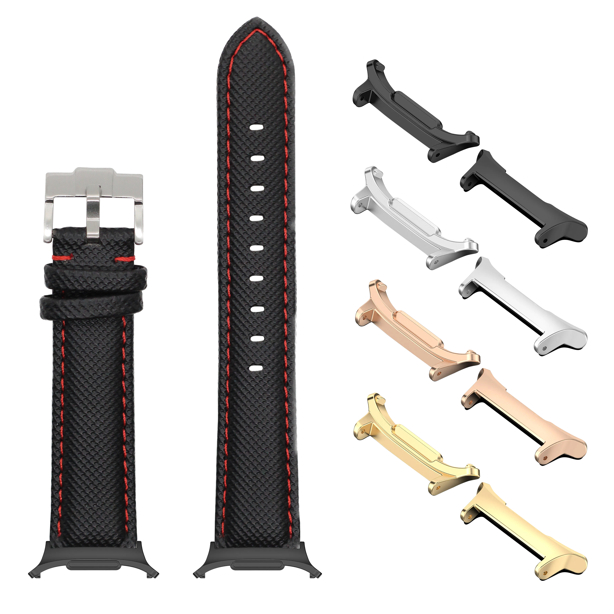 Black sailcloth smartwatch band with red stitching, interchangeable metal connectors and buckle for Galaxy Watch 8 Ultra