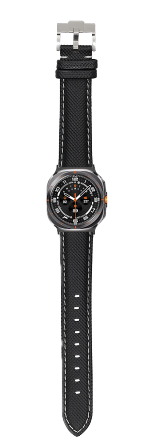 Black sailcloth watch strap with white stitching and stainless steel buckle for Galaxy Watch