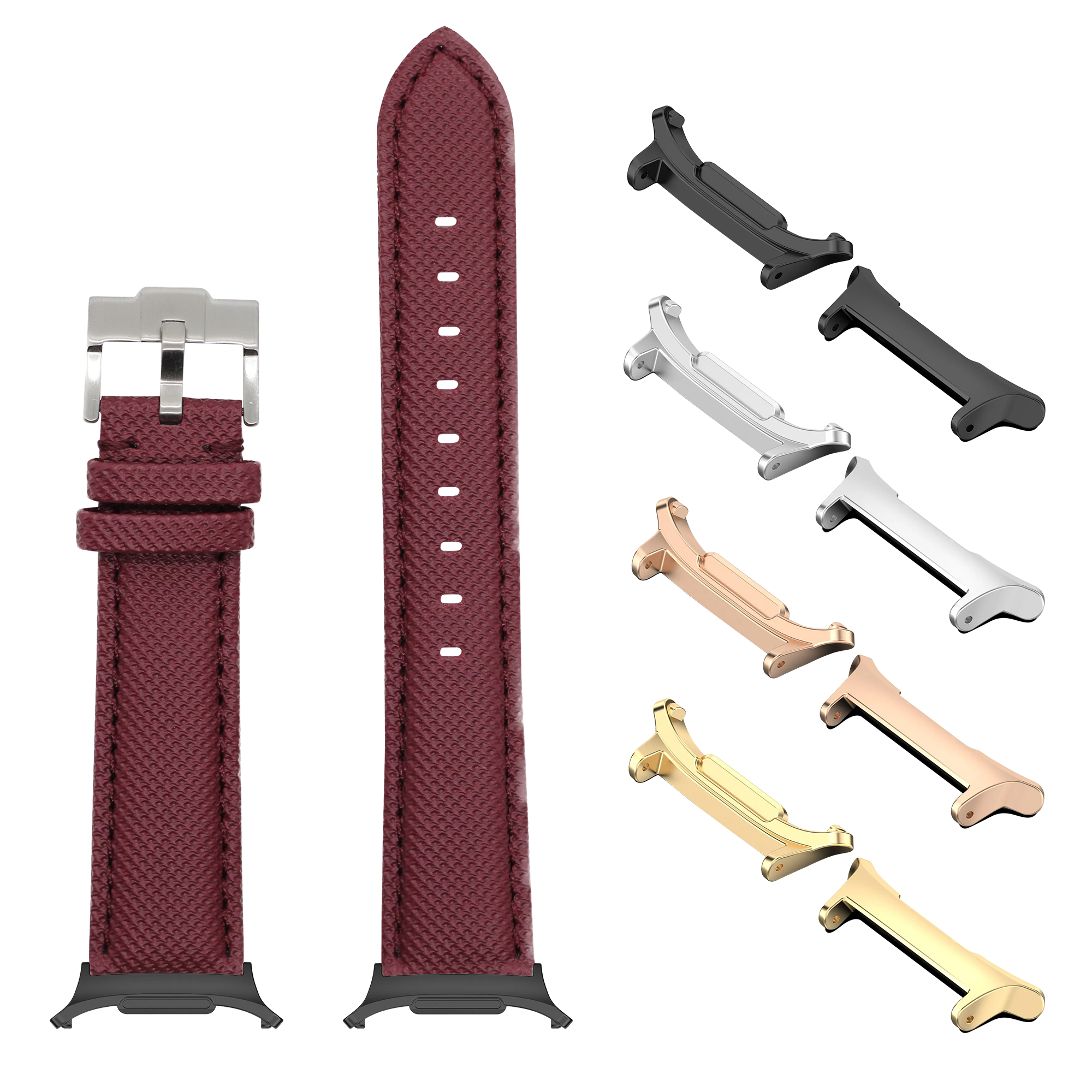 Burgundy sailcloth watch band with quick-release lugs and interchangeable metal connectors in silver, gold, and black finishes