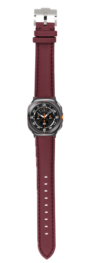 Galaxy Watch 8 Ultra burgundy red sailcloth band with black dial and orange accents