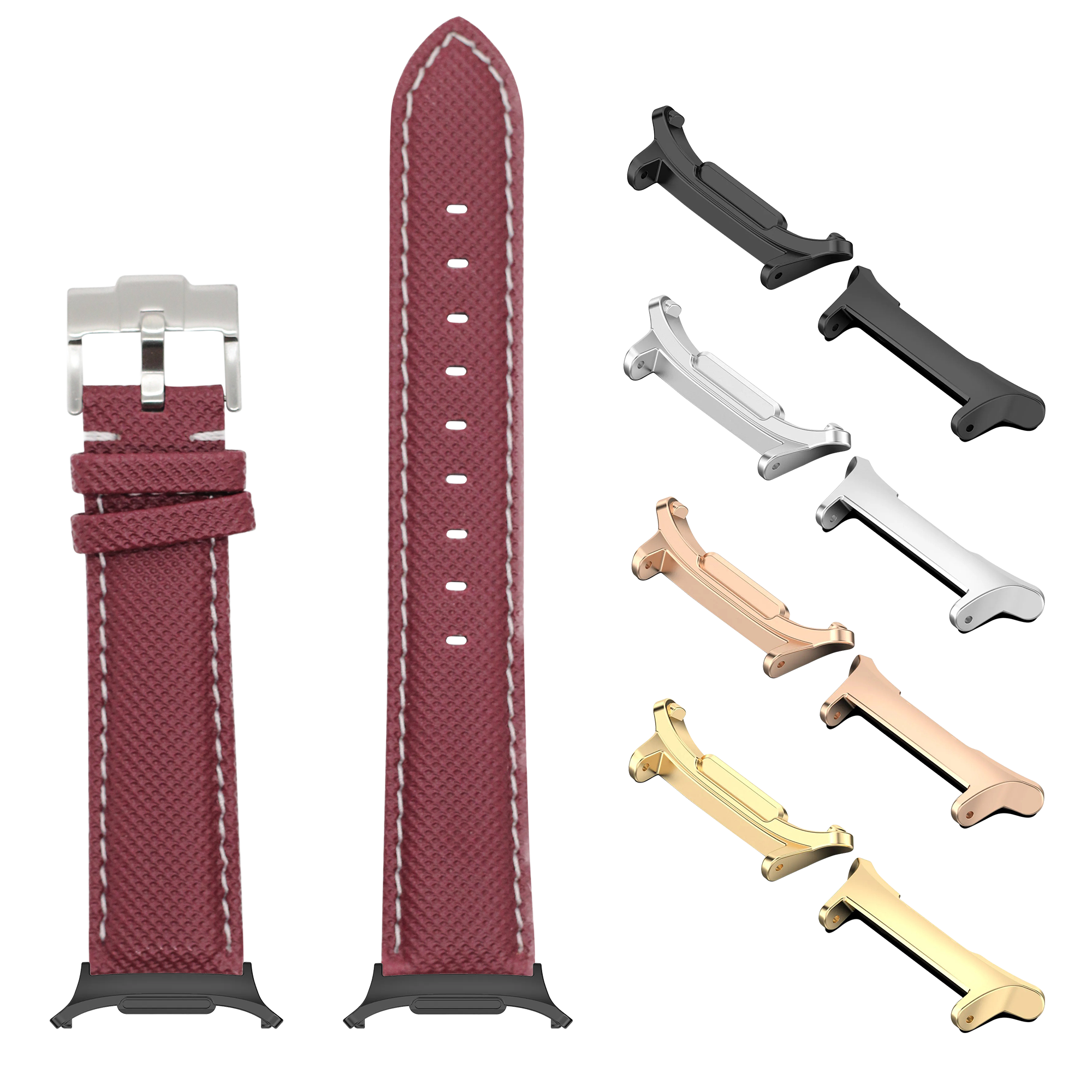 Burgundy red sailcloth watch band with white stitching and interchangeable metal lugs in silver, gold, rose gold and black finishes