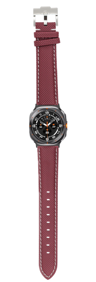 Burgundy red sailcloth watch strap with white stitching and gray stainless steel case for Galaxy Watch