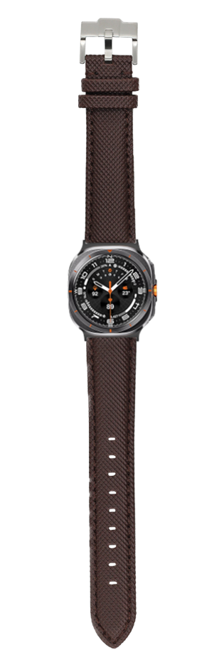 Galaxy Watch 8 Ultra with coffee brown sailcloth band and metal case featuring black dial with orange accents