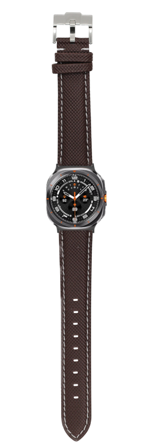 Galaxy Watch 8 Ultra sailcloth coffee brown watch band with white stitching and metal buckle clasp