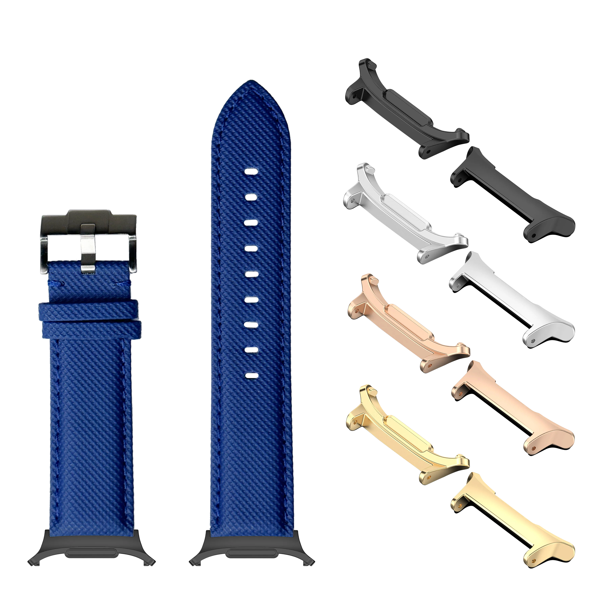Blue sailcloth watch band with interchangeable metal connectors in multiple finishes for Galaxy Watch 8 and Ultra