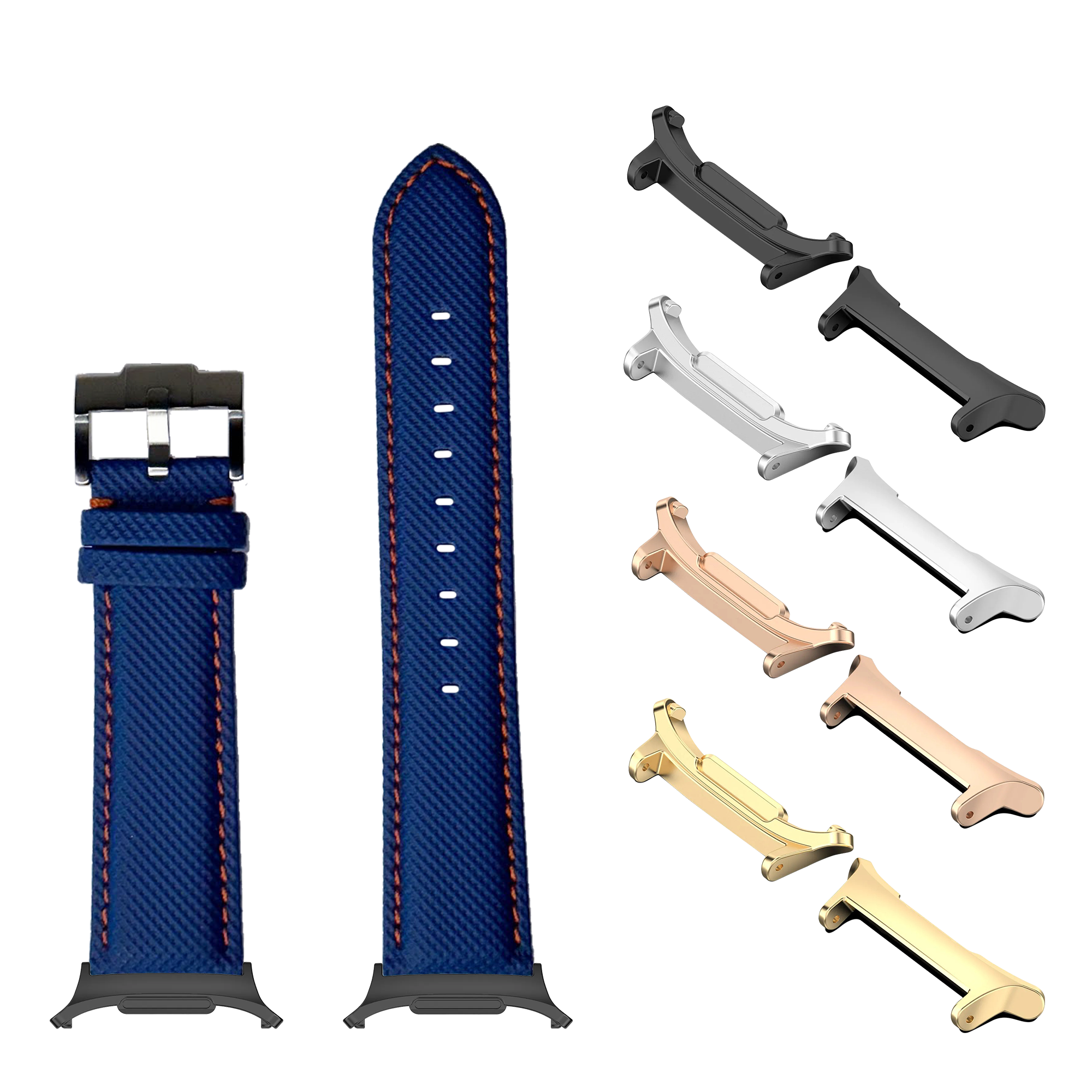 Blue sailcloth smartwatch band with orange stitching, stainless steel case connectors in gold, silver, black, and rose gold finishes