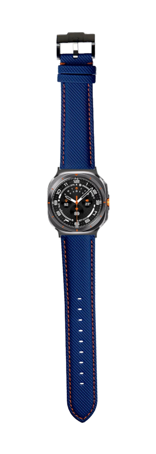 Galaxy Watch 8 Ultra smartwatch with electric blue sailcloth band and orange stitching on black dial