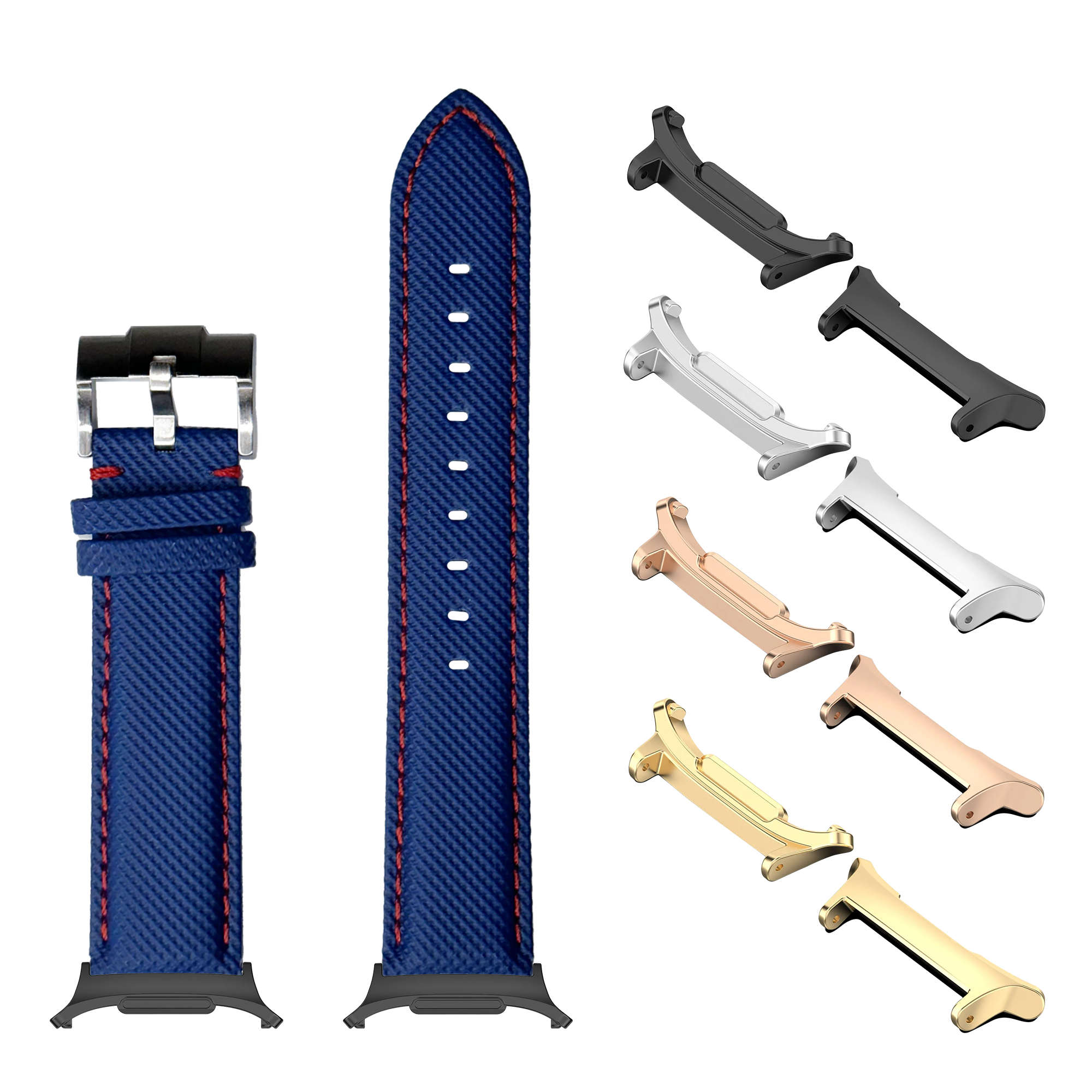 Galaxy Watch sailcloth band electric blue with red stitching and interchangeable metal connectors in multiple finishes