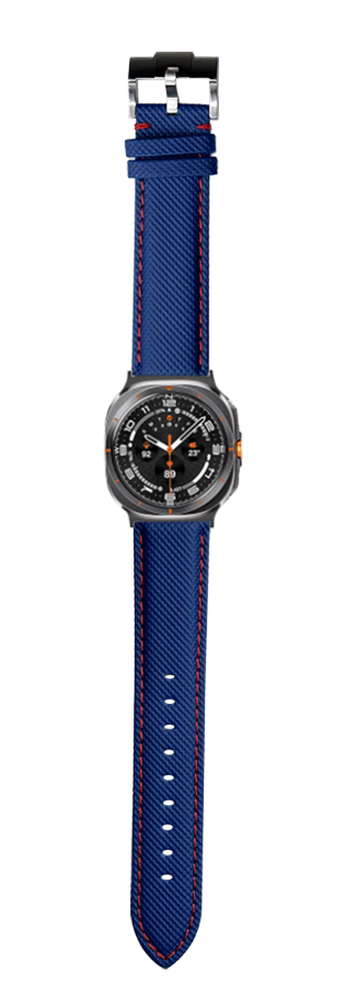 Smartwatch with black dial and orange accents on navy blue sailcloth band with red stitching and steel buckle