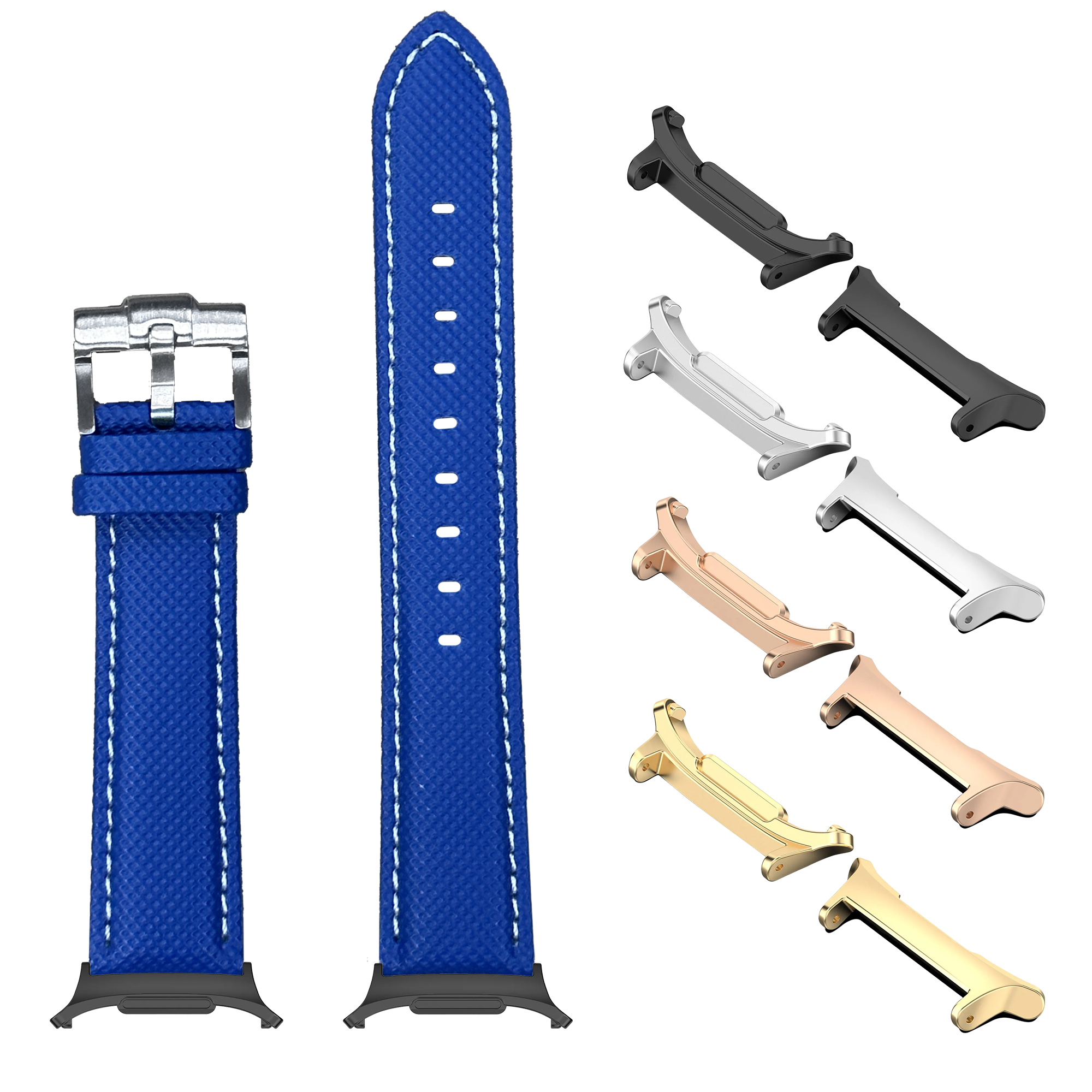Blue sailcloth watch band with white stitching and multiple metal connector lugs in silver, black, rose gold and gold finishes