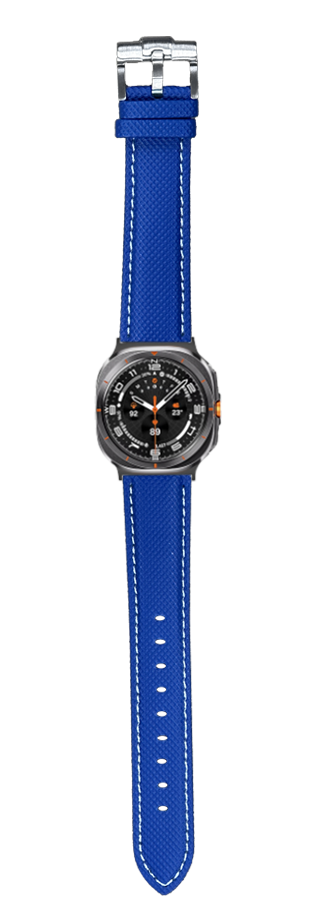 Electric blue sailcloth watch band with white stitching and stainless steel buckle displayed on black sport watch face