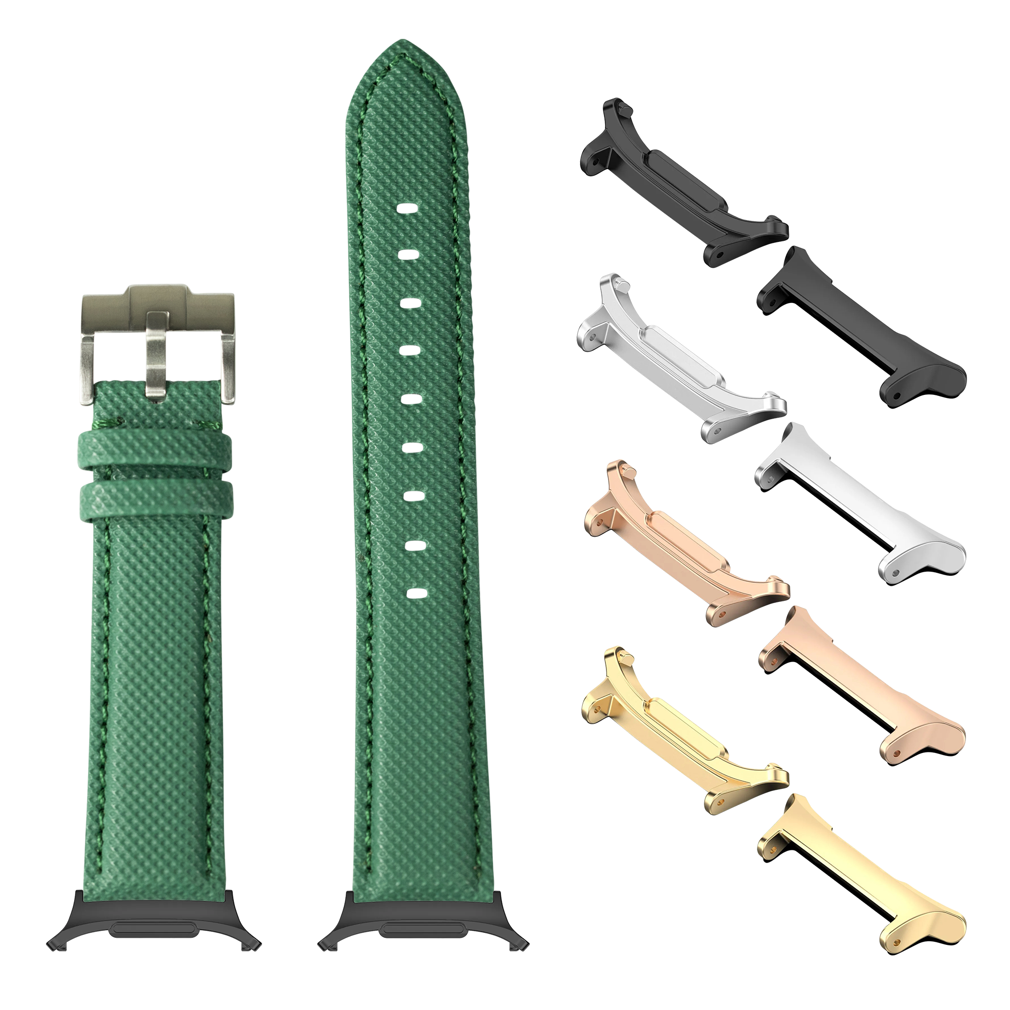 Green sailcloth watch band with stainless steel buckle and multiple metal lugs in gold, silver, black and rose gold finishes